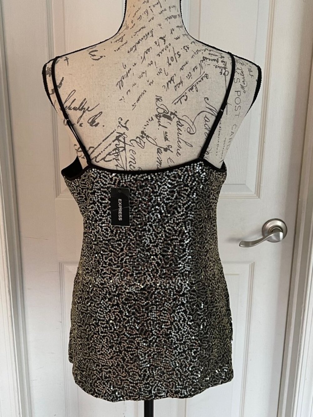 Express Gold Sequin Black Tank Top Bling Cami Sparkle Party K2K Night Out NEW L - Picture 5 of 9